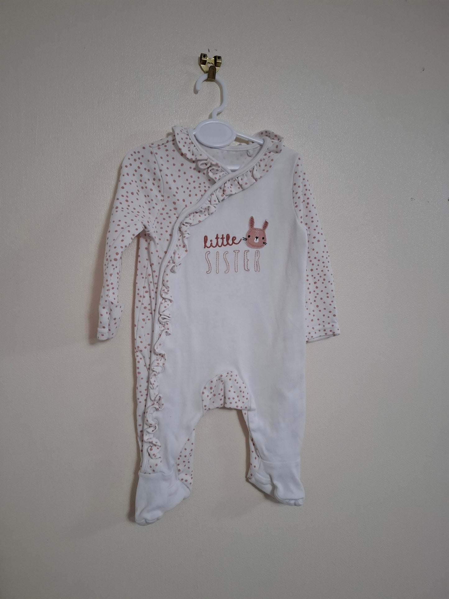 0-3m: Beautiful Embroidered "Little Sister" Sleepsuit