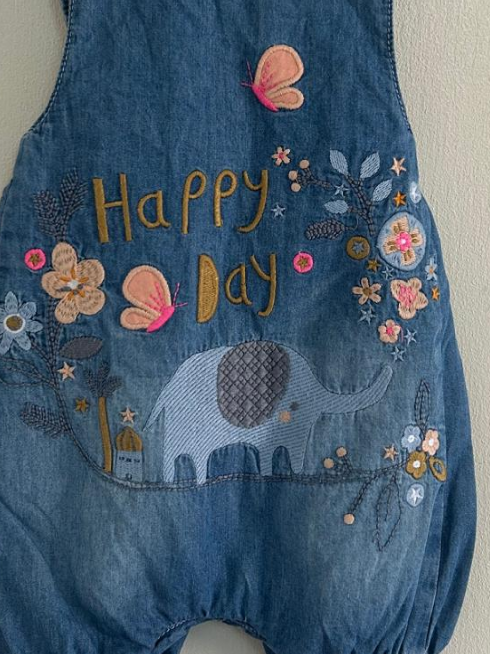 0-3m: Soft Denim Embroidered Romper