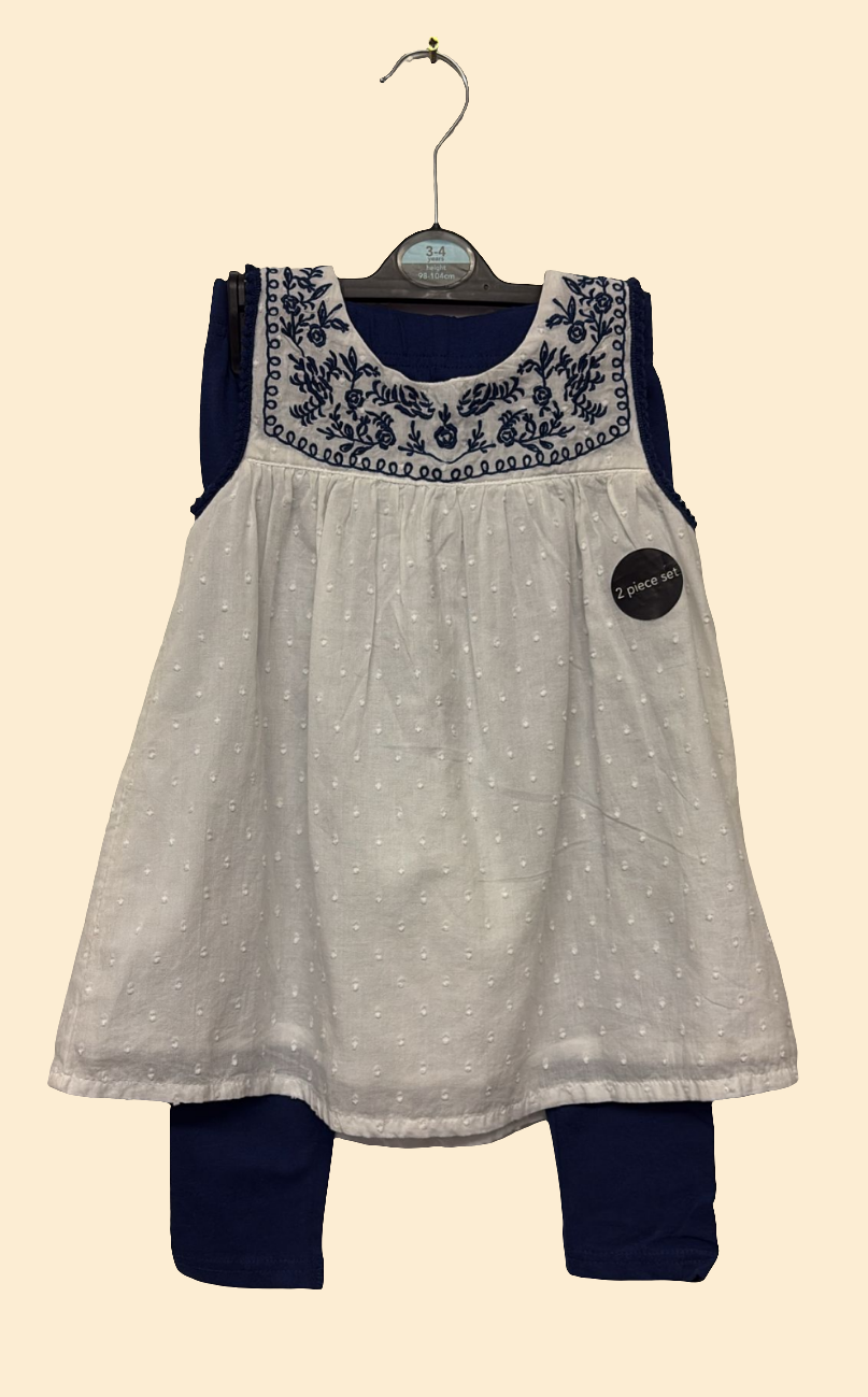 3-4y: Embroidered Cotton Tunic & Legging Set
