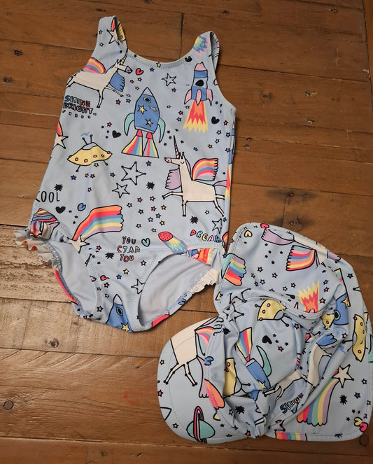 2-3y: Next Space Unicorn Swimming Costume & Matching Swim Hat