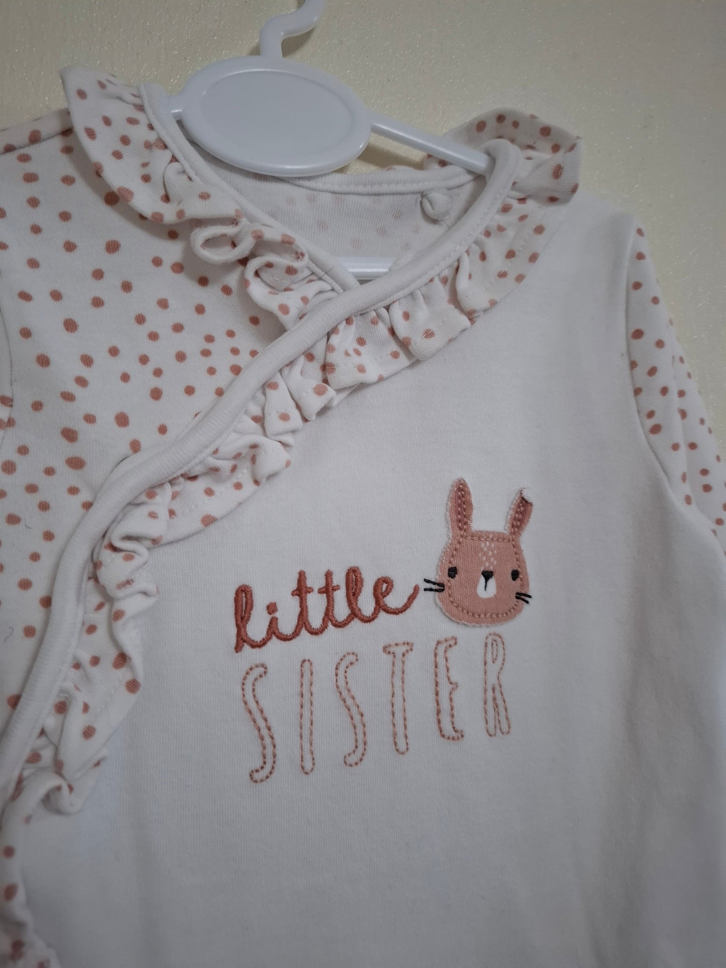 0-3m: Beautiful Embroidered "Little Sister" Sleepsuit