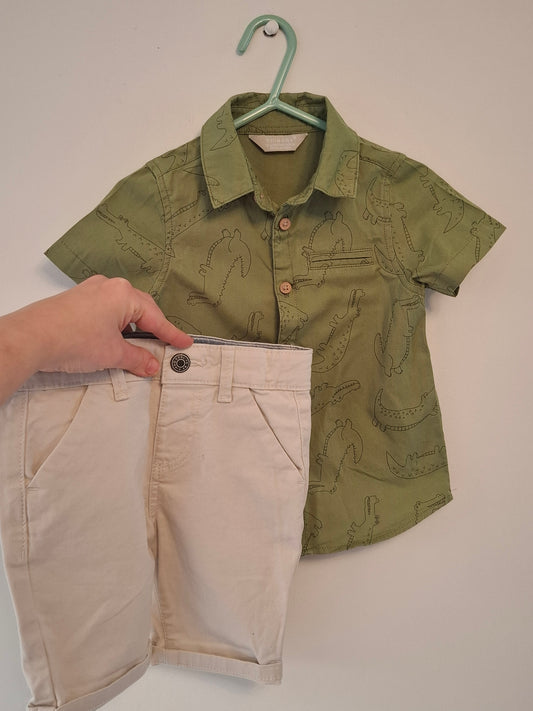 18-24m: Khaki Croc Shirt and Chino Shorts Set