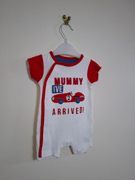 New Baby (up to 7.5lb): "Mummy I've Arrived" Applique Romper